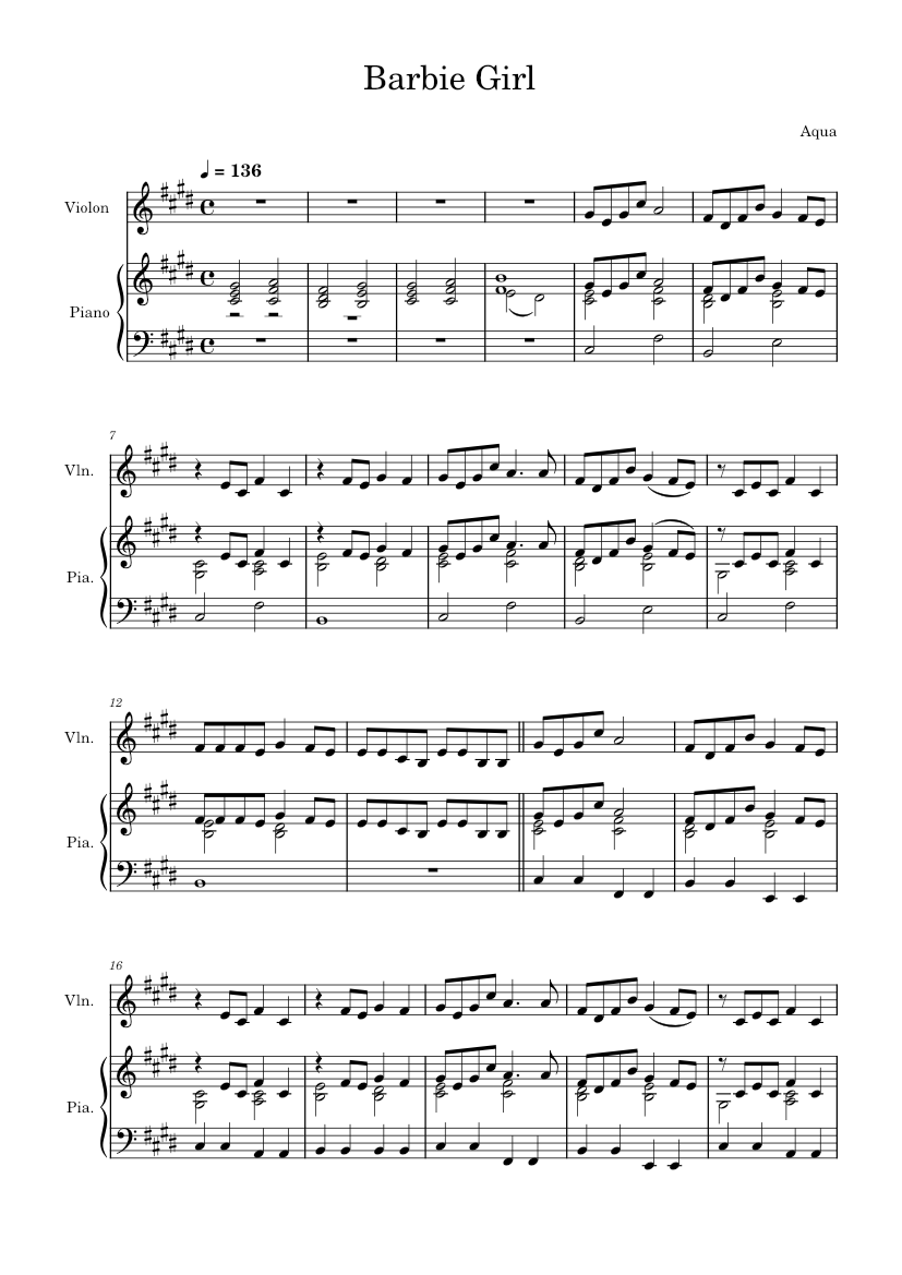 Barbie girl – Aqua Barbie Girl Sheet music for Piano, Violin (Mixed Duet) | Musescore.com