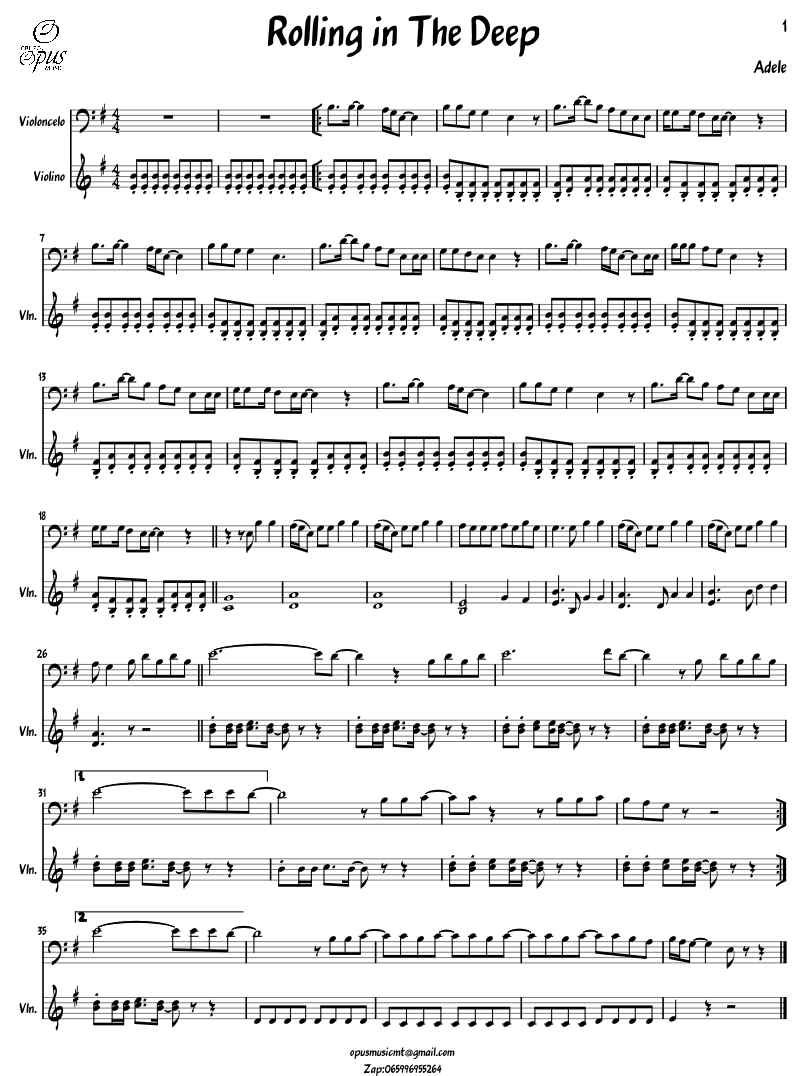 Rolling in The Deep - Opus Sheet music for Violin, Cello (String Duet ...