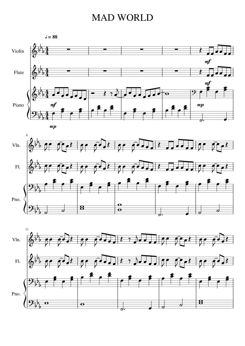 Mad World - Gary Jules Sheet music for Piano, Flute, Violin (Mixed Trio) |  Musescore.com
