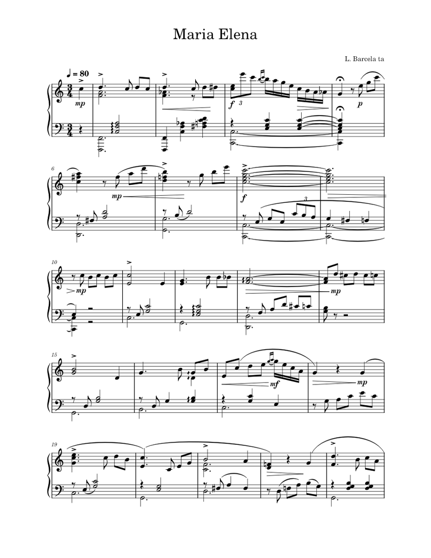 Maria Elena Lorenzo Barcelata Los Indios Trabajaras Sheet Music For Piano Solo 8081