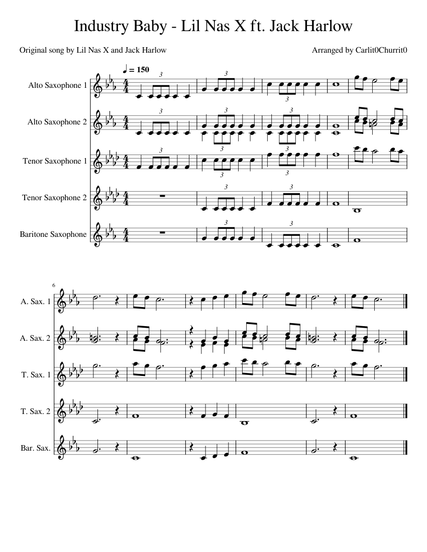 Industry Baby – Lil Nas X For SATB Saxophone Quartet Sheet music for  Saxophone alto, Saxophone tenor, Saxophone baritone, Saxophone soprano  (Saxophone Ensemble)