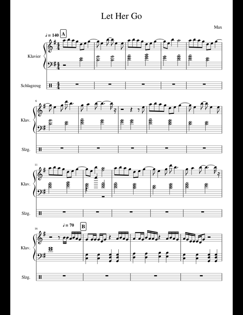 Passenger - Let Her Go Sheet Music For Piano, Drum Group (Mixed Duet ...