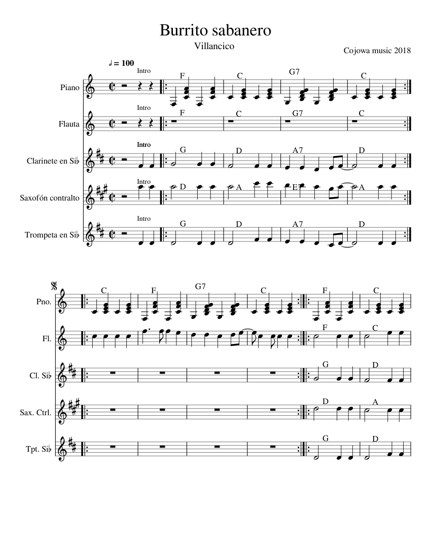 Burrito sabanero Sheet music for Piano, Trumpet (In B Flat), Flute, (In B Flat