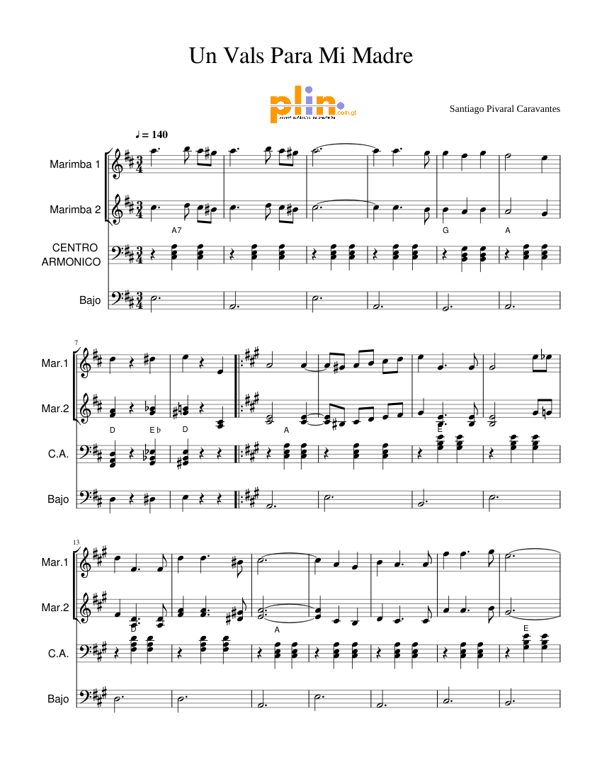 Un Vals Para Mi Madre Sheet music for Piano, Bass guitar, Marimba  (Percussion Quartet) | Musescore.com