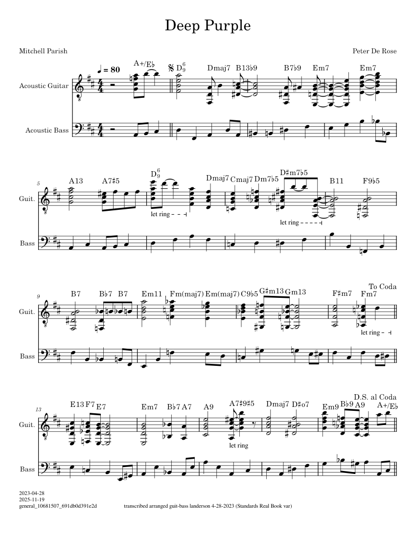 Deep Purple Peter De Rose Sheet music for Guitar, Bass guitar (Solo