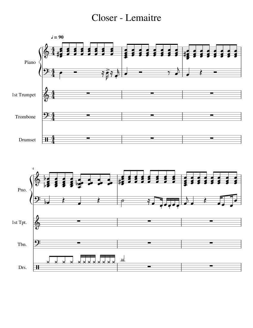 Closer - Lemaitre Sheet music for Piano, Trombone, Trumpet in b-flat, Drum  group (Mixed Quintet) | Musescore.com