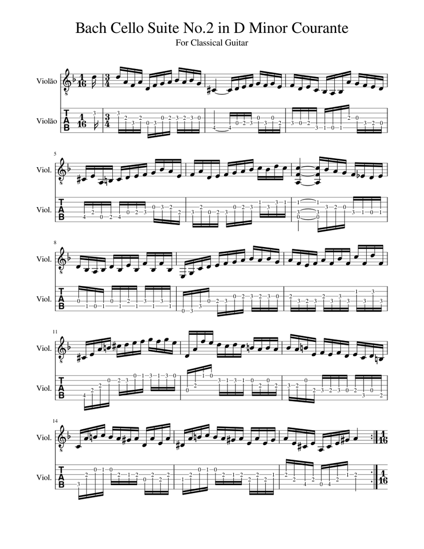 Bach Cello Suite No.2 in D Minor Courante (For Classical Guitar)+TAB Sheet  music for Guitar (Mixed Duet) | Musescore.com