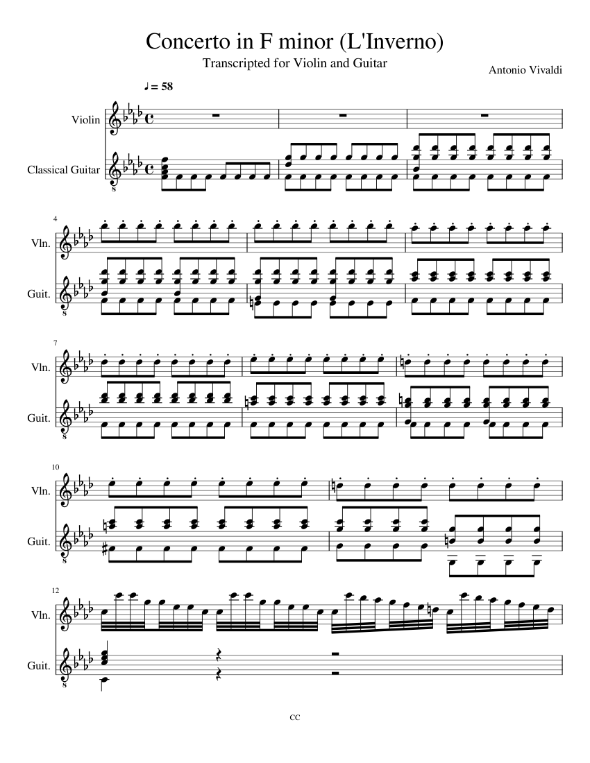 Antonio Vivaldi - Concerto in F minor (L'Inverno) Sheet music for Violin,  Guitar (Mixed Duet) | Musescore.com