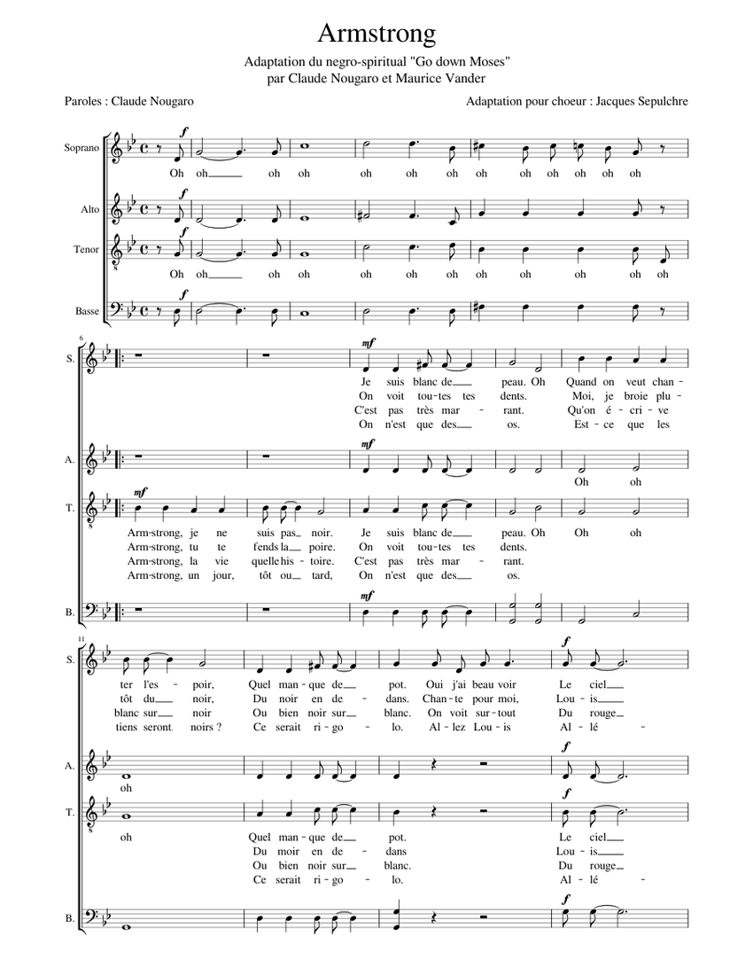 Armstrong – Claude Nougaro - version à 4 voix Sheet music for Soprano ...