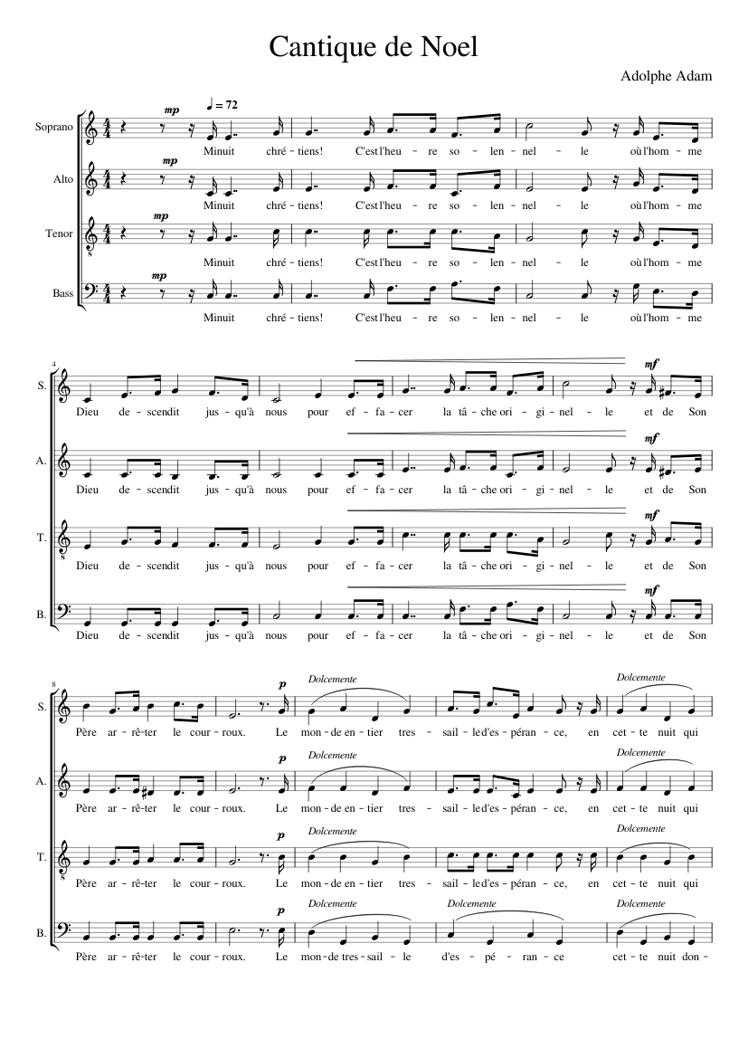 Cantique de Noël (Minuit Chrétien) - Adolphe Adam Sheet Music for Soprano, Alto, Tenor, Bass ...