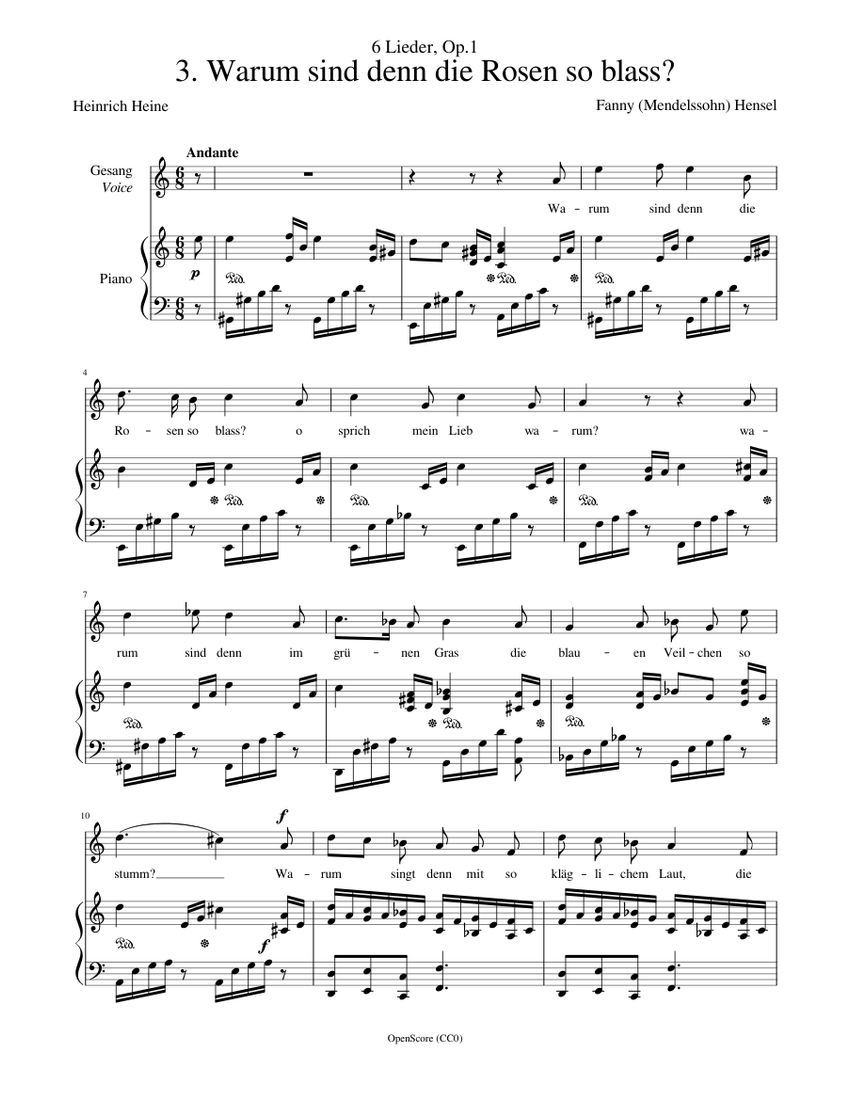 Hensel, Fanny (Mendelssohn) – 6 Lieder, Op.1, No.3 - Warum sind denn die Rosen  so blass? Sheet music for Piano, Vocals (Piano-Voice) | Musescore.com