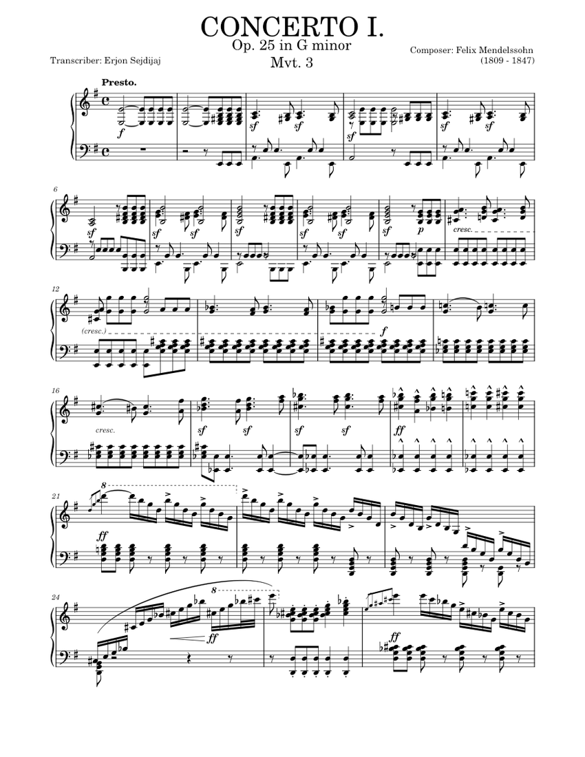 Piano concerto no 1 mvt. 3 - Felix Mendelssohn - (WIP) Solo Piano  arrangement Sheet music for Piano (Solo) | Musescore.com