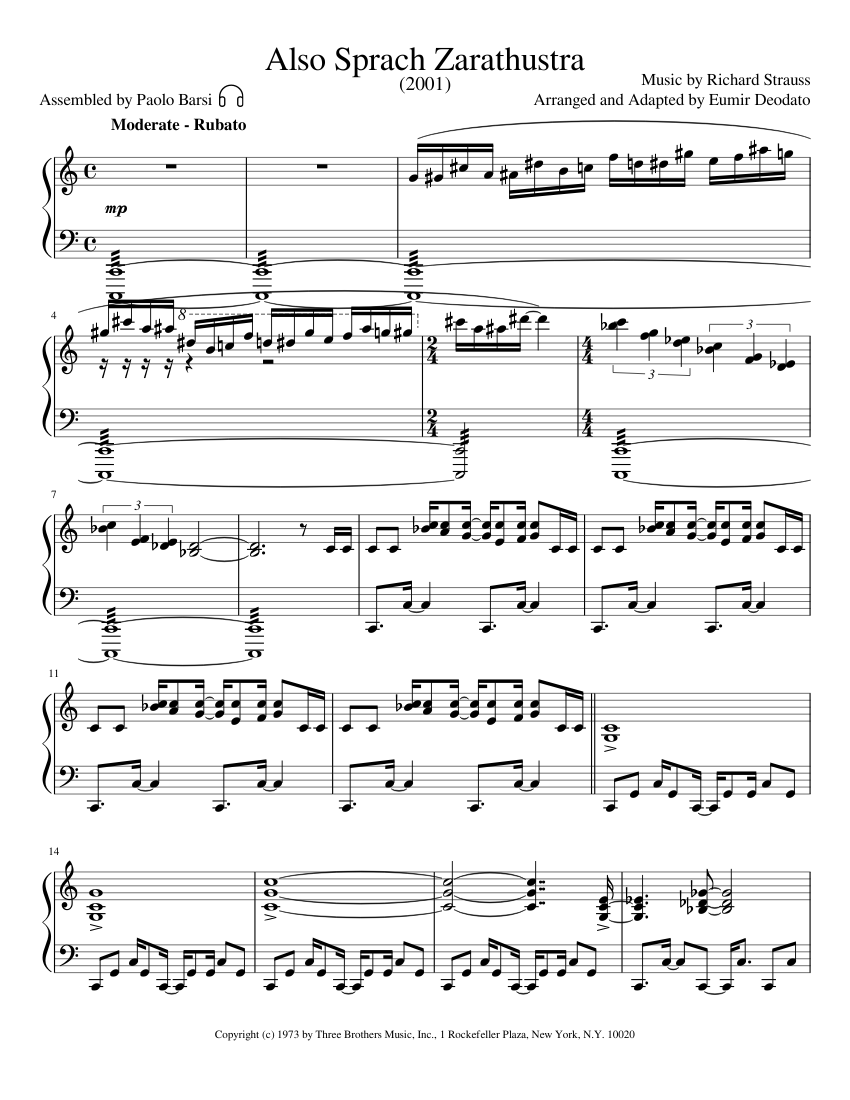 Also Sprach Zarathustra Sheet music for Piano (Solo) | Musescore.com