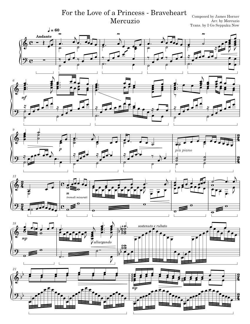For the Love of a Princess – Braveheart - Mercuzio Sheet music for Piano  (Solo) | Musescore.com