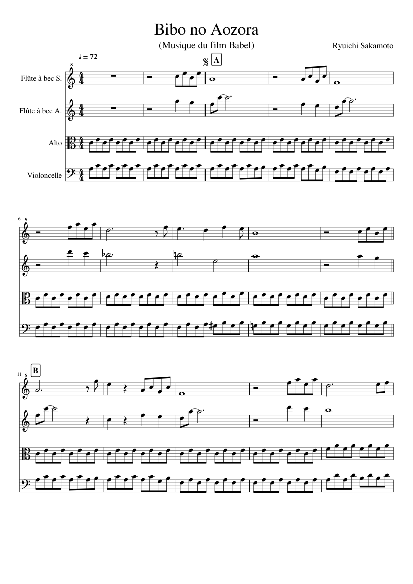 Bibo no Aozora Sheet music for Viola, Cello, Recorder (Mixed Quartet) |  Musescore.com