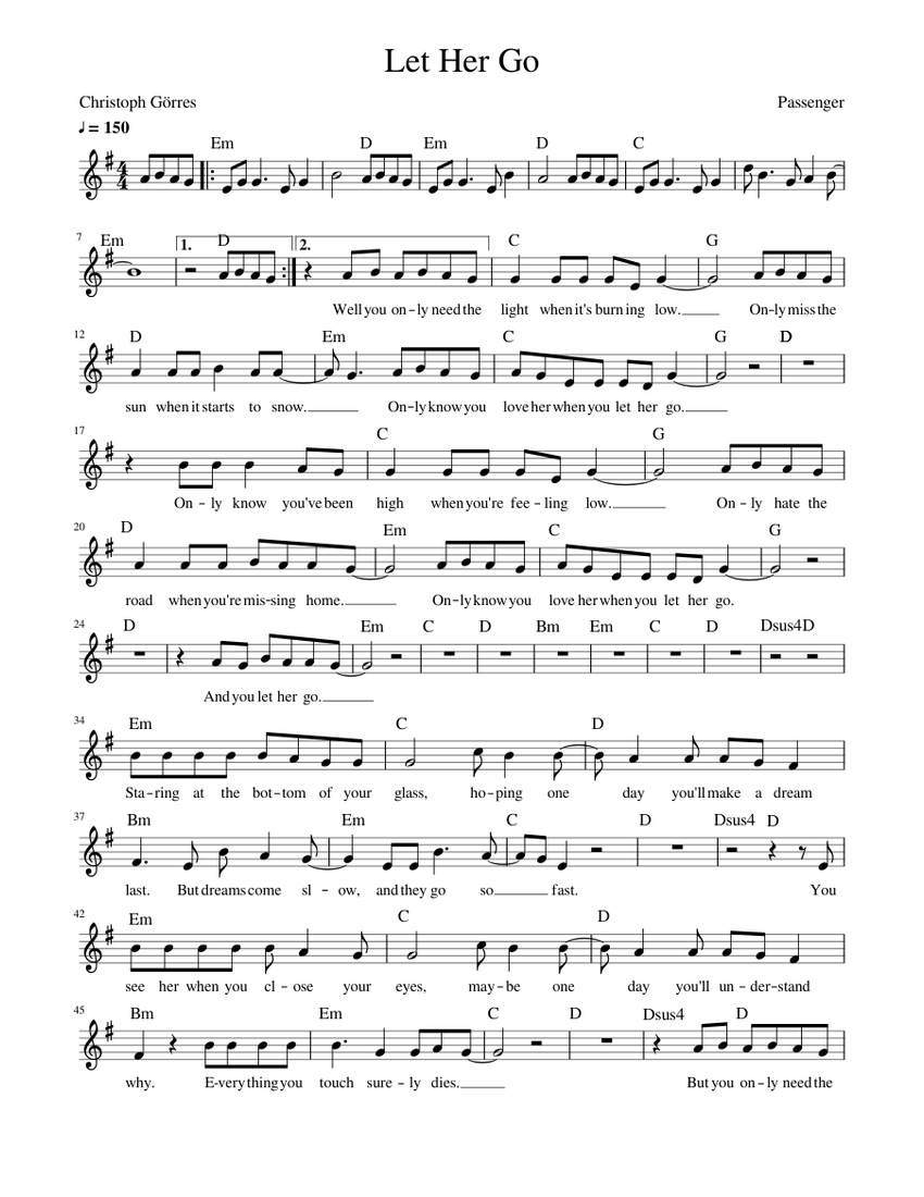 Let Her Go - Passenger Keyboard / Accordion / Guitar Sheet music for Piano  (Solo) | Musescore.com