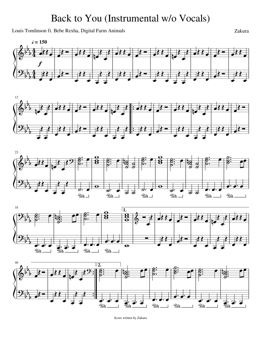 Louis Tomlinson Ft Bebe Rexha And Digital Farm Animals Back To You Instrumental W O Vocals Sheet Music For Piano Solo Musescore Com