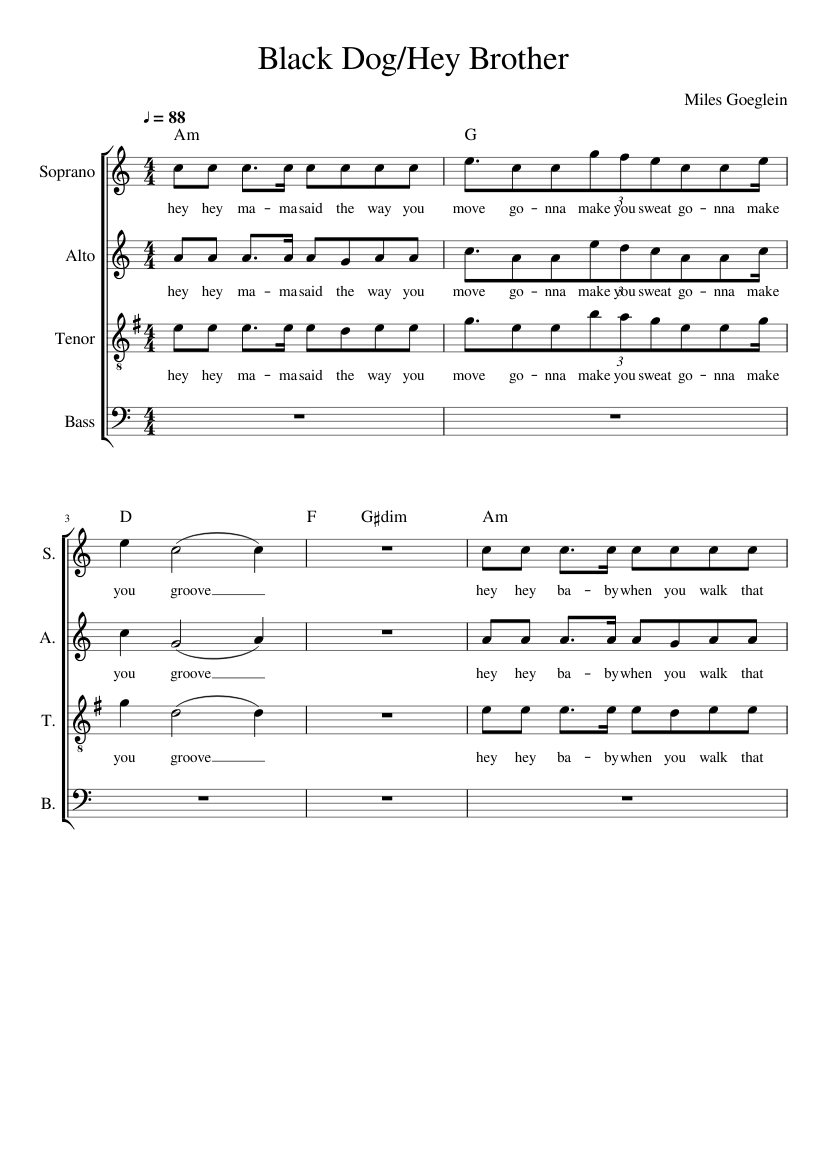 Black Dog Hey Brother Sheet Music For Soprano Tenor Alto Bass Choral Download And Print In Pdf Or Midi Free Sheet Music With Lyrics Musescore Com