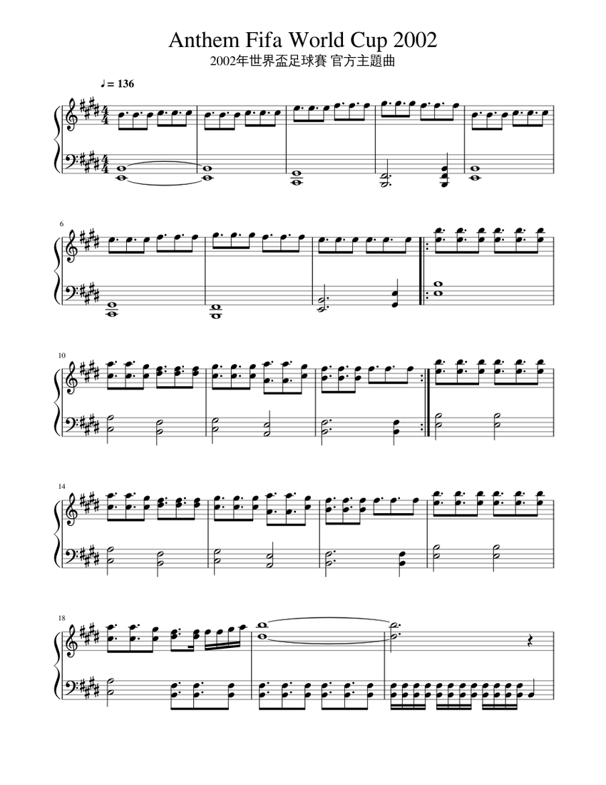 Anthem Fifa World Cup 2002 Sheet music for Piano (Solo) | Musescore.com