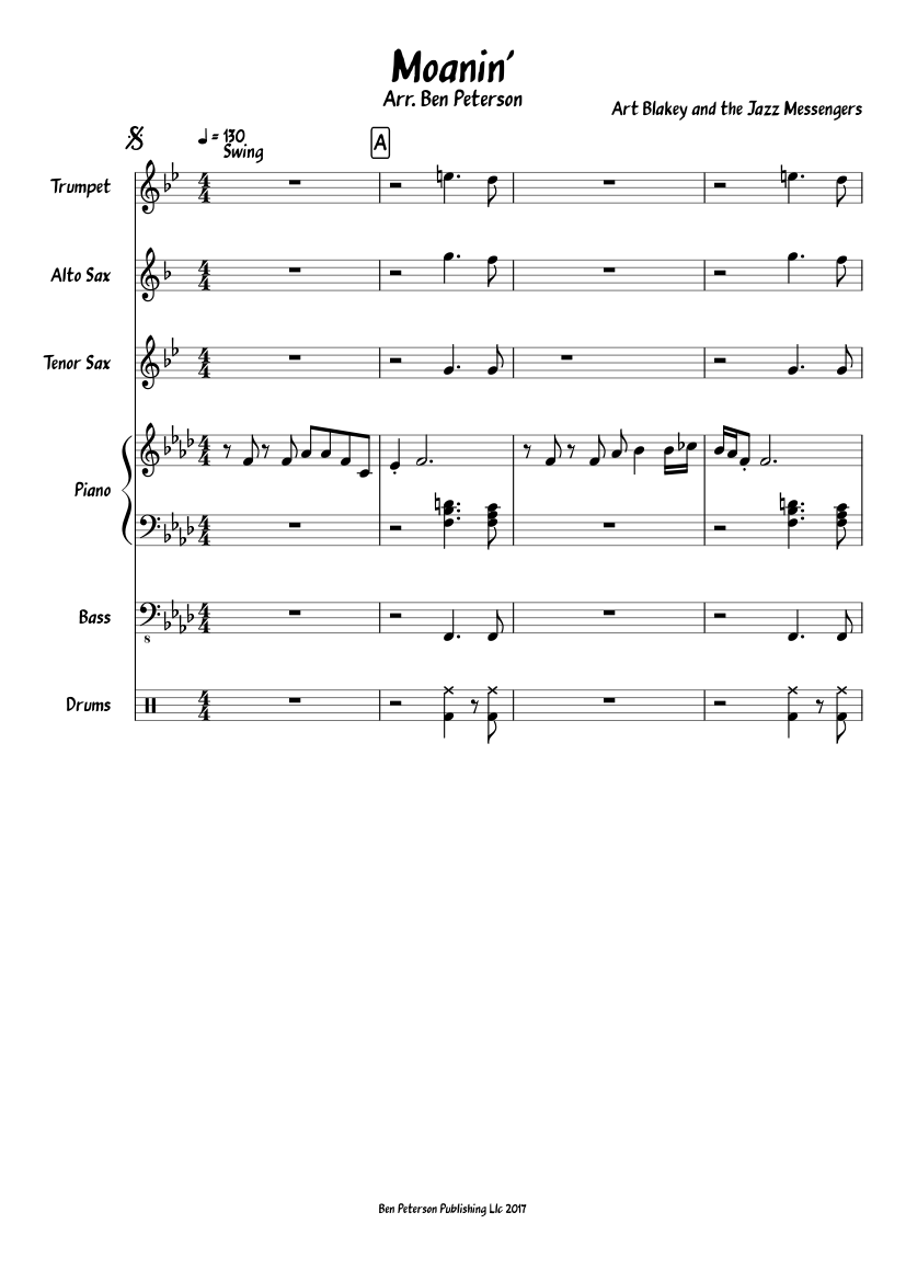 Moanin' Sheet music for Piano, Trombone, Saxophone alto, Saxophone