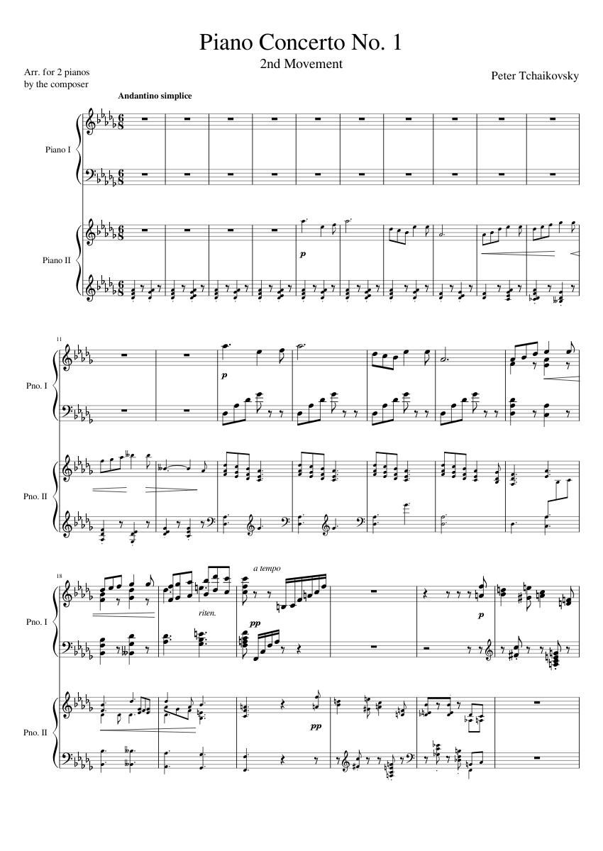 Tchaikovsky Piano Concerto No 1, 2nd Mvmt (Arr. for 2 pianos) Sheet ...