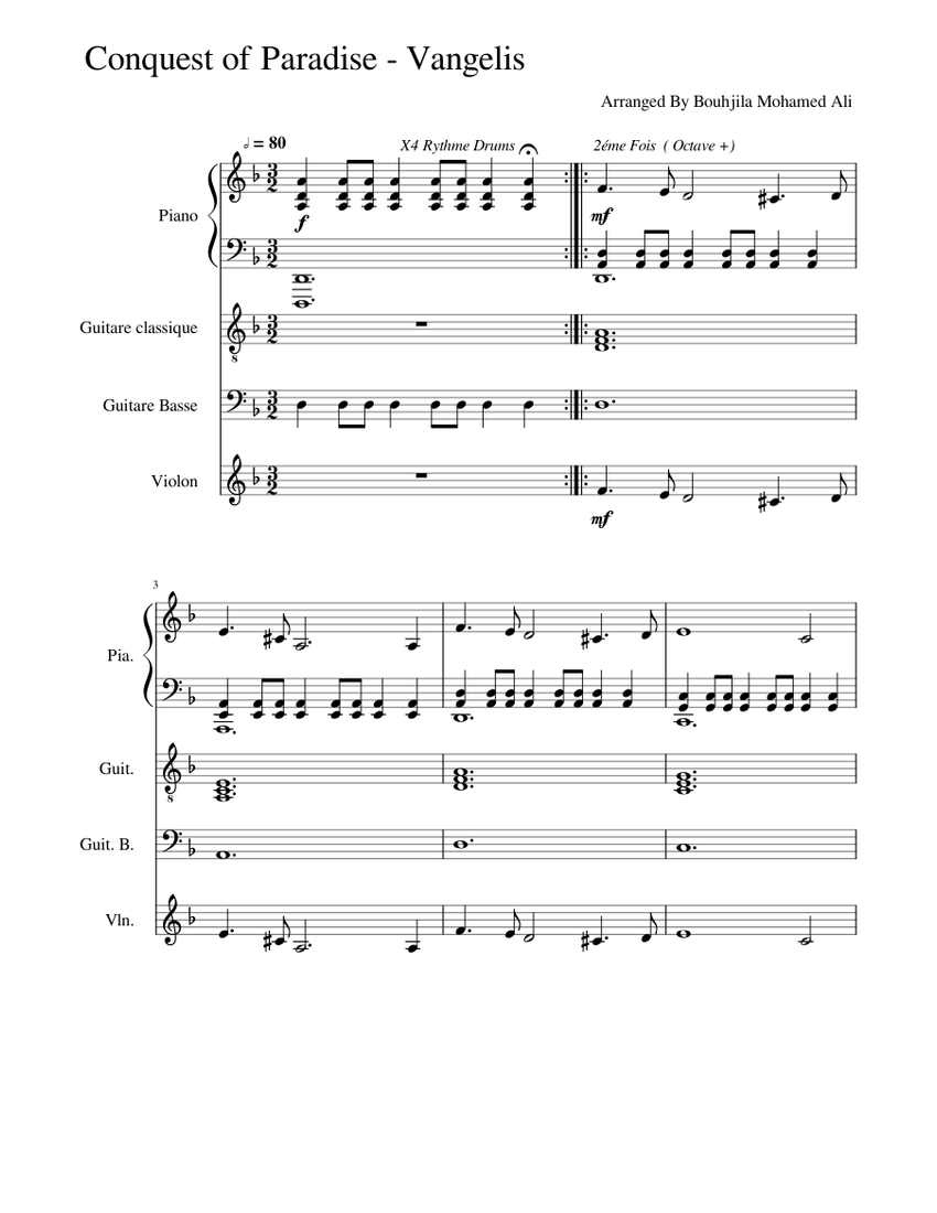 Conquest of Paradise - Vangelis Sheet music for Piano, Violin, Guitar, Bass  guitar (Mixed Quartet) | Musescore.com