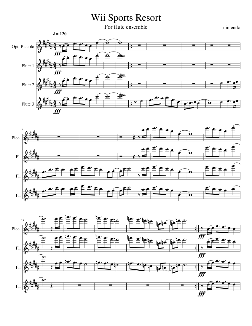 Nintendo Wii Sports for Flute Quartet Ensemble Sheet music for Piano,  Flute, Flute (Piccolo) (Mixed Quintet) | Musescore.com