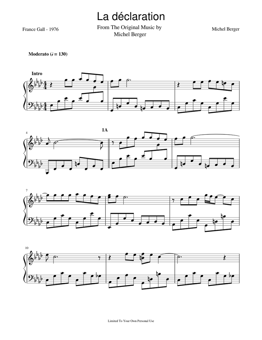 La déclaration - France Gall Sheet music for Piano (Solo) | Musescore.com
