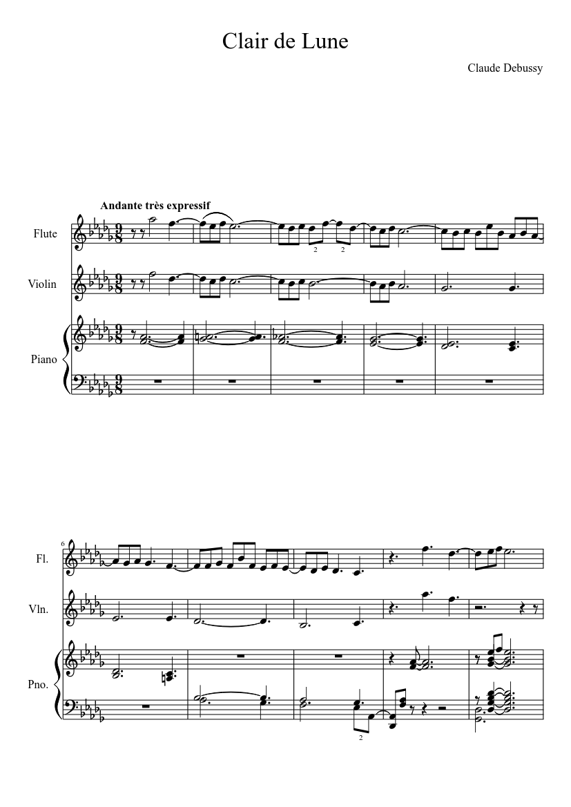 Clair De Lune Per Violino Flauto E Piano Sheet Music For Piano Violin Flute Mixed Trio Musescore Com