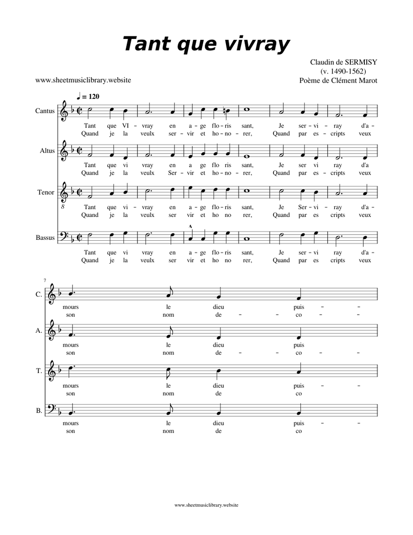 Tant Que Vivray Claudin De Sermisy Sheet music for Soprano, Alto