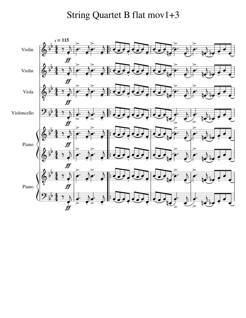 String Quartet In B-flat Sheet Music For Piano, Violin, Viola, Cello ...