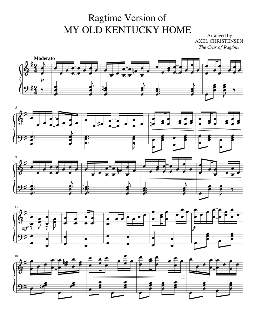 Ragtime Version Of My Old Kentucky Home 1915 Sheet Music For Piano Solo 
