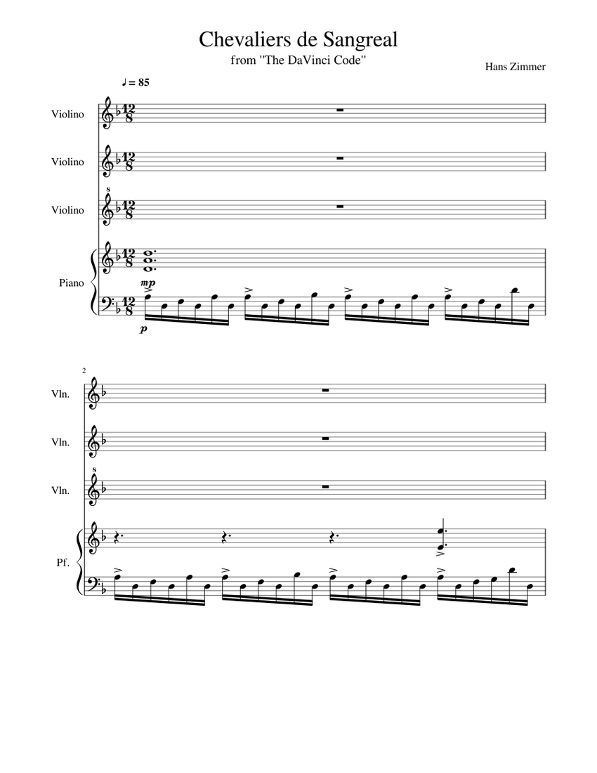 Chevaliers de Sangreal - from "The DaVinci Code", by Hans Zimmer Sheet music  for Piano, Violin (Mixed Quartet) | Musescore.com