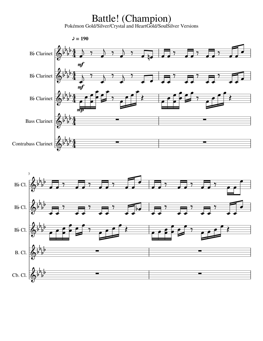 Battle! (Champion) - Pokémon Gold/Silver/Crystal and HeartGold/SoulSilver Versions Sheet music for Clarinet (In B Flat), Clarinet Clarinet (Contrabass) (Mixed Quintet) Download and print in PDF or MIDI free sheet music