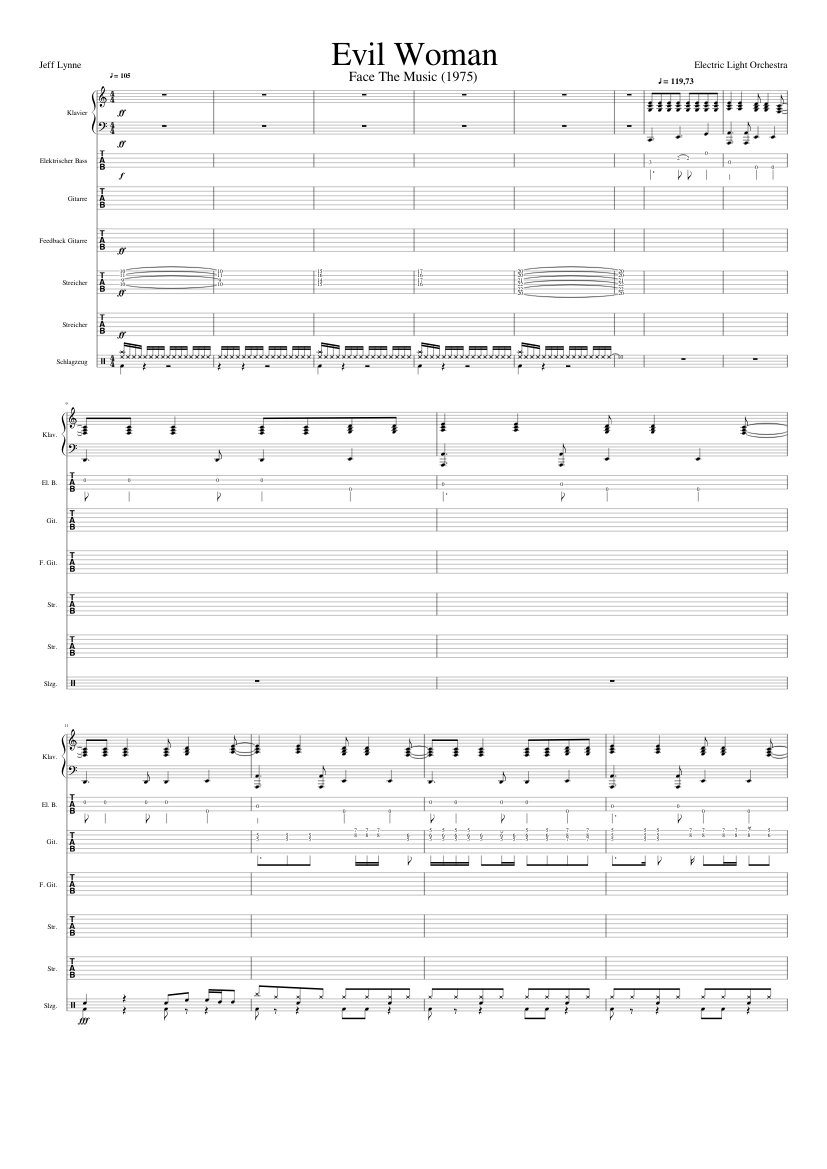 ELO - Evil Woman (Instrumental) Sheet music for Piano, Guitar, Bass guitar,  Drum group (Mixed Ensemble) | Musescore.com