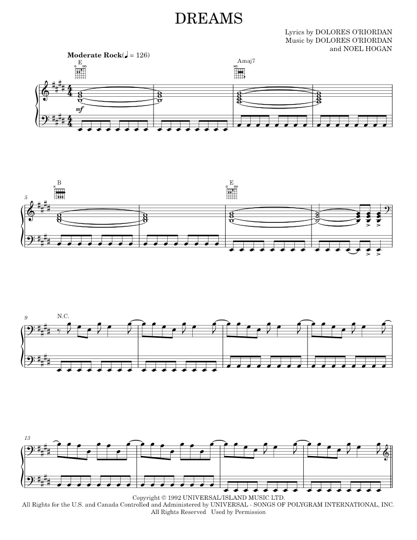 Play Official version of Dreams sheet music by The Cranberries for