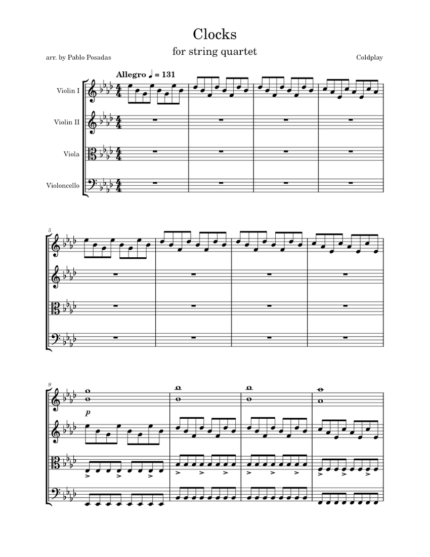 Clocks Coldplay Sheet music for Violin, Viola, Cello (String Ensemble