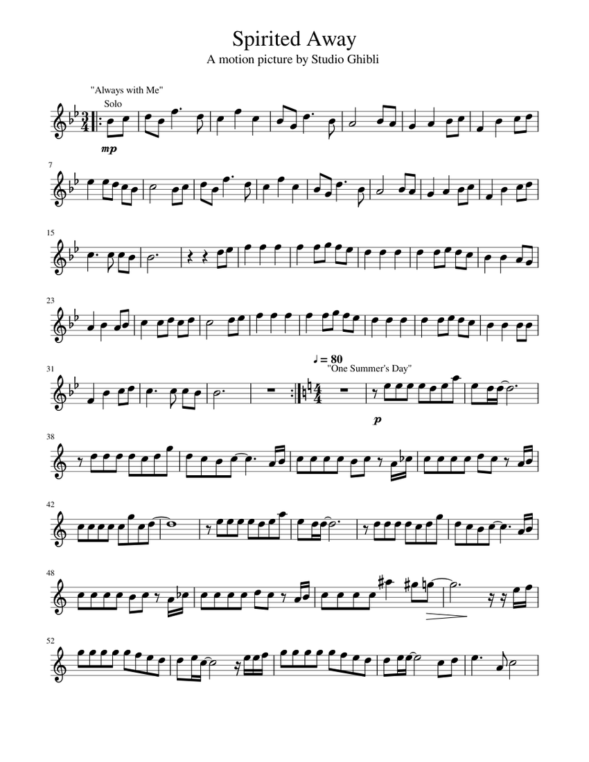 Spirited Away Sheet Music For Flute Solo Musescore Com