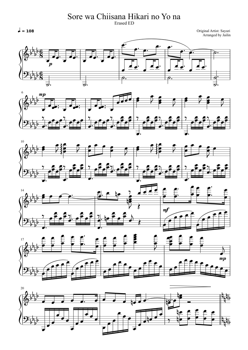 ERASED Ending Song UNPLAYABLE PIANO (Original) Sore wa Chiisana Hikari no  Youna Sheet music for Piano (Piano Four Hand)
