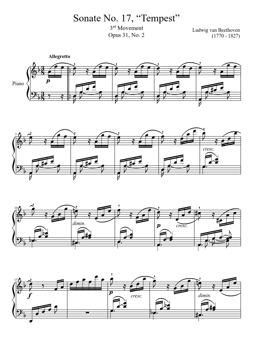 Sonate No. 17, “Tempest” 3rd Movement Sheet music for Piano (Solo) |  Musescore.com
