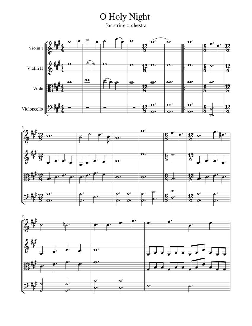 O Holy Night Sheet Music For Violin Viola Cello String Quartet 8783