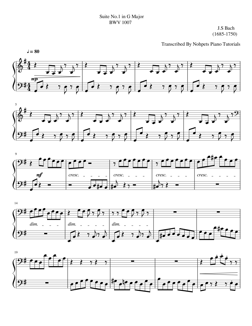 J.S Bach Suite No.1 in G Major BWV 1007 for piano Sheet music for Piano  (Solo) Easy | Musescore.com