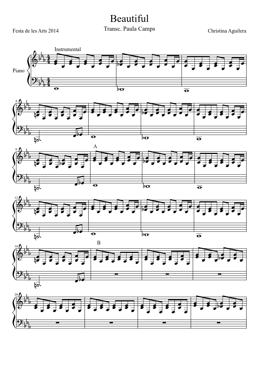 Beautiful - Christina Aguilera (piano) Sheet music for Piano (Solo) |  Musescore.com