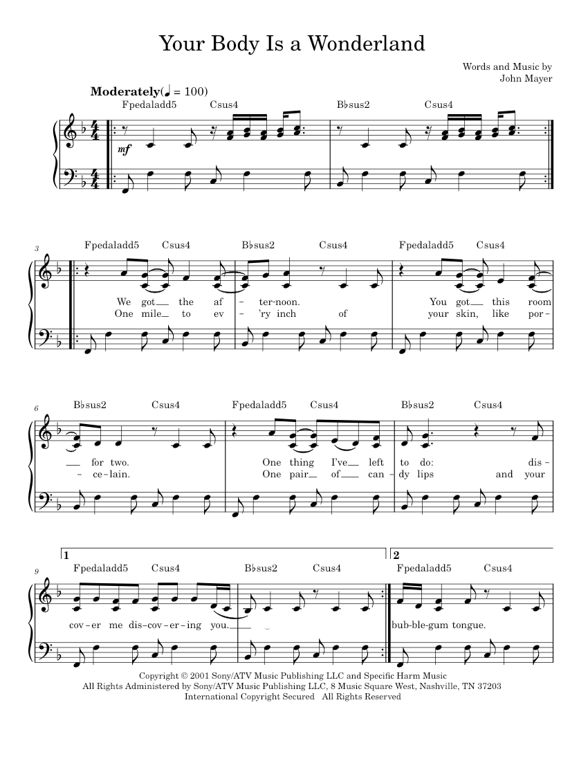 your body is a wonderland Sheet music for Piano by John Mayer Official ...