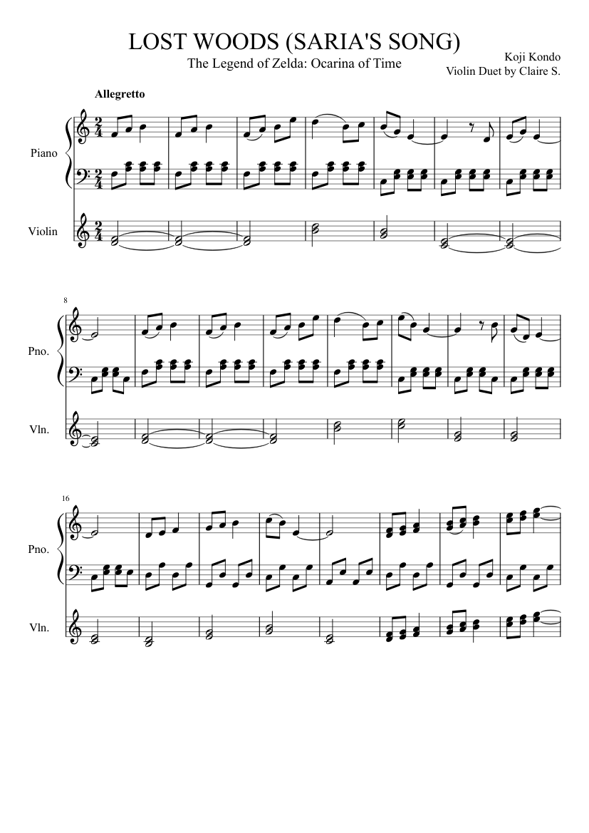 Lost Woods; Sarias Song from Legends of Zelda Sheet music for Piano, Violin  (Solo) | Musescore.com