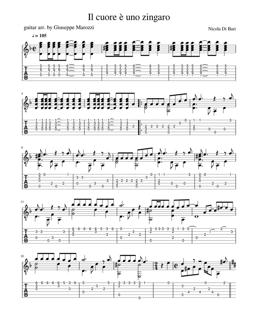Il cuore è uno zingaro - Nicola Di Bari Sheet music for Guitar (Solo) |  Musescore.com