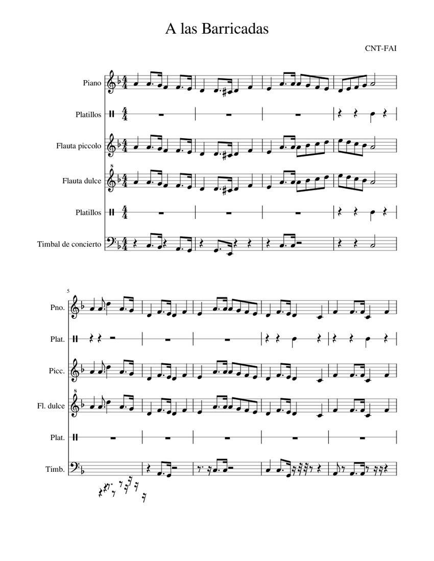 A las Barricadas 2 0 Sheet music for Piano, Flute piccolo, Timpani, Crash &  more instruments (Piano Sextet) | Musescore.com