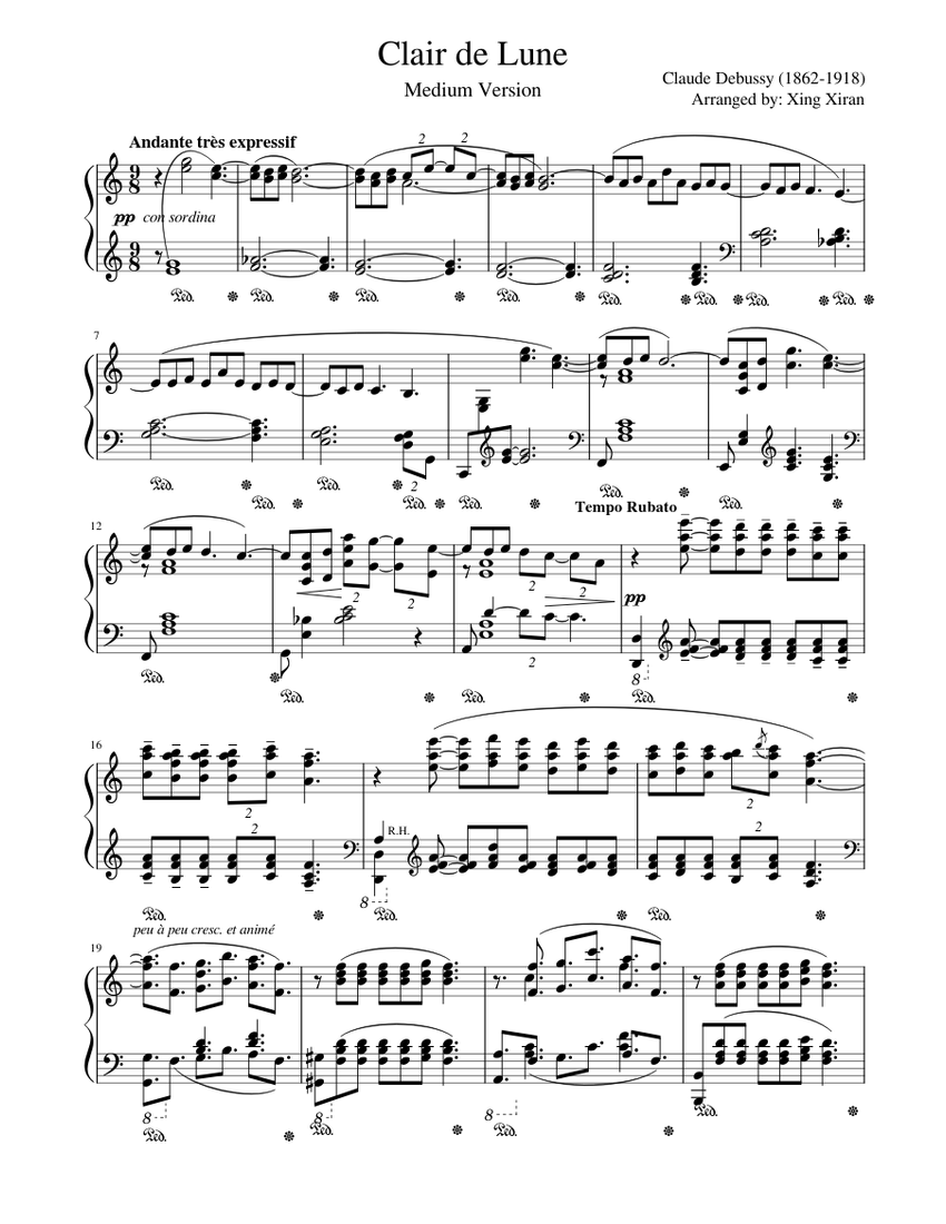 Clair de Lune (Medium Version) for Piano Solo by Claude Debussy Sheet music  for Piano (Solo) | Musescore.com