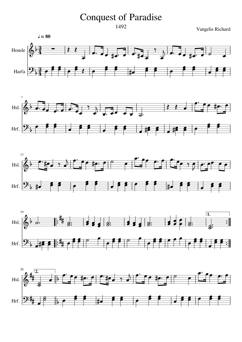 Conquest of Paradise (1492) Sheet music for Violin, Harp (Mixed Duet) |  Musescore.com