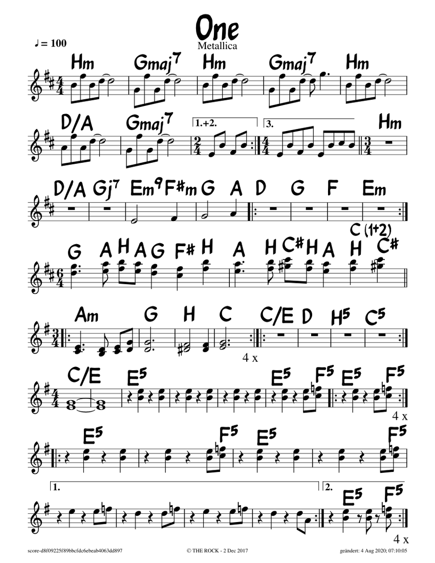 Metallica One Sheet Music For Piano Solo Download And Print In